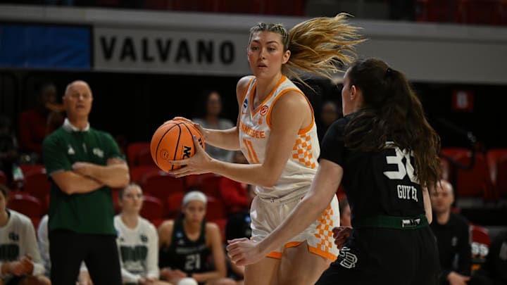 Tennessee Lady Vols forward Karoline Striplin (11) drives against Green Bay Phoenix center Jenna Guyer (30) in the first round of the 2024 NCAA Women's Tournament at James T. Valvano Arena at William Neal Reynolds. Tennessee Lady Vols forward Karoline Striplin (11) drives against Green Bay Phoenix center Jenna Guyer (30) in the first round of the 2024 NCAA Women's Tournament at James T. Valvano Arena at William Neal Reynolds.