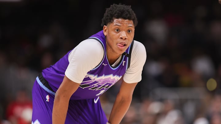 Feb 5, 2026; Atlanta, Georgia, USA; Utah Jazz guard Ace Bailey (19) in action against the Atlanta Hawks in the third quarter at State Farm Arena. Mandatory Credit: Brett Davis-Imagn Images
