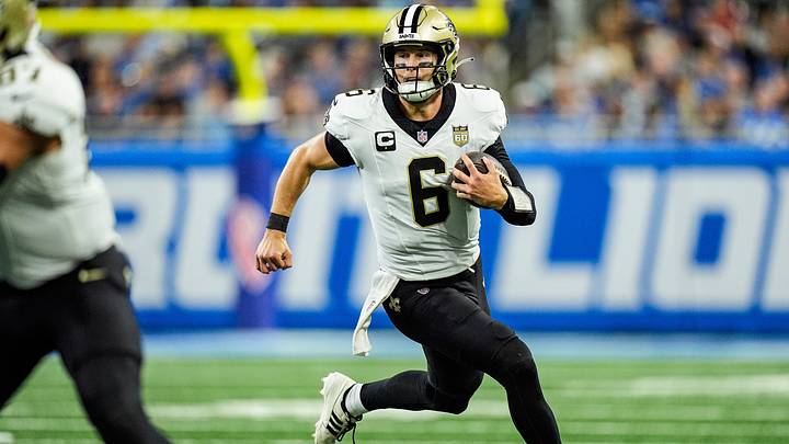 New Orleans Saints quarterback Tyler Shough (6) runs against Detroit Lions during the first half at Ford Field in Detroit on Sunday, Sept. 13, 2026.