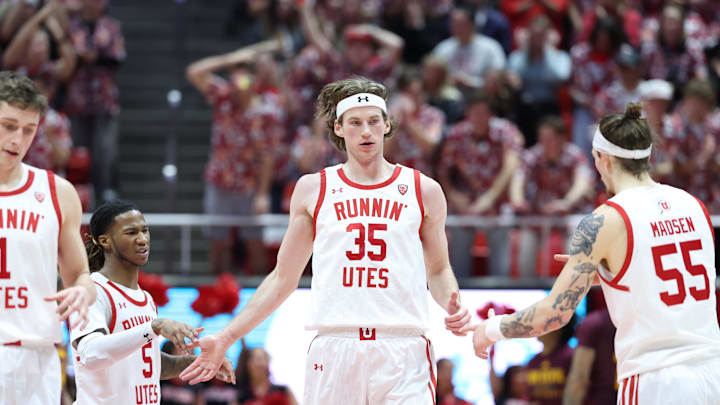 Feb 10, 2024; Salt Lake City, Utah, USA; Utah Utes center Branden Carlson (35) reacts to a play