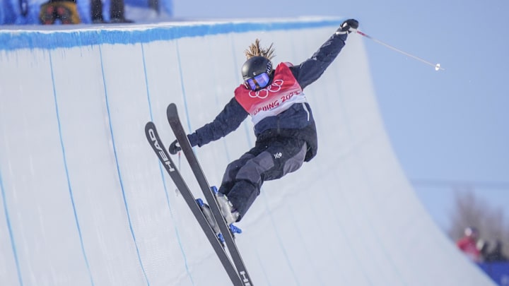 Feb 18, 2022; Zhangjiakou, China;  Zoe Atkin (GBR) in the Womens Freestyle skiing Halfpipe Final Run 1 during the Beijing 2022 Olympic Winter Games at Genting Snow Park. Mandatory Credit: Jack Gruber-Imagn Images