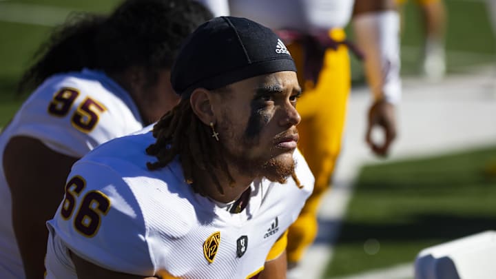 Nov 25, 2022; Tucson, Arizona, USA; Arizona State Sun Devils linebacker James Djonkam (66) against the Arizona Wildcats during the Territorial Cup at Arizona Stadium. Mandatory Credit: Mark J. Rebilas-Imagn Images