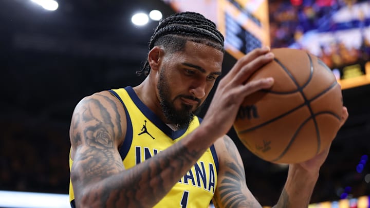 May 31, 2025; Indianapolis, Indiana, USA; Indiana Pacers forward Obi Toppin (1) holds onto the ball in the third quarter during game six of the eastern conference finals against the New York Knicks for the 2025 NBA Playoffs at Gainbridge Fieldhouse. Mandatory Credit: Trevor Ruszkowski-Imagn Images