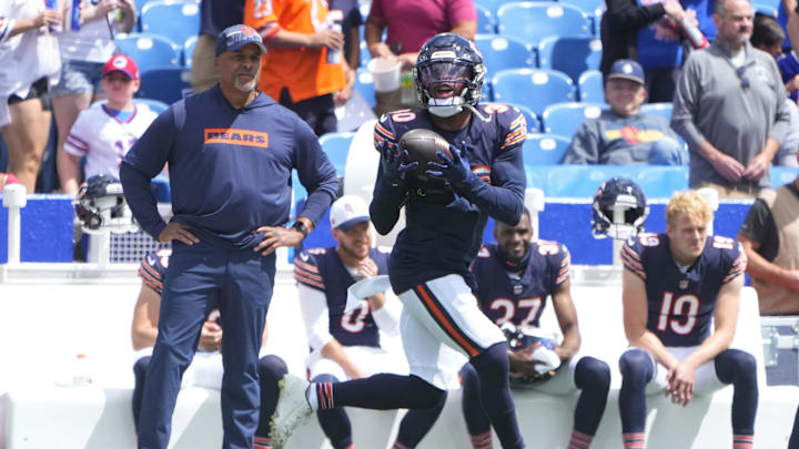 Safety Tarvarius Moore pulls in a throw during warmups in preseason. Moore has been elevated from the practice squad.