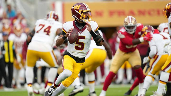 Oct 19, 2026; Santa Clara, California, USA; Washington Commanders QB Jayden Daniels (5) looks to pass during the 1st quarter against the San Francisco 49ers at Levi's Stadium. Mandatory Credit: Cary Edmondson Oct 19, 2026; Santa Clara, California, USA; Washington Commanders QB Jayden Daniels (5) looks to pass during the 1st quarter against the San Francisco 49ers at Levi's Stadium. Mandatory Credit: Cary Edmondson