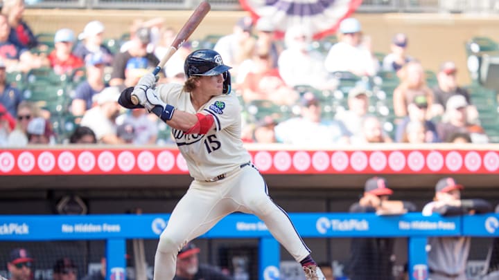 Sep 21, 2025; Minneapolis, Minnesota, USA; Minnesota Twins second base Luke Keaschall (15) at bat facing Cleveland Guardians pitcher Erik Sabrowski (62) in the seventh inning at Target Field. Mandatory Credit: Matt Blewett-Imagn Images Sep 21, 2025; Minneapolis, Minnesota, USA; Minnesota Twins second base Luke Keaschall (15) at bat facing Cleveland Guardians pitcher Erik Sabrowski (62) in the seventh inning at Target Field. Mandatory Credit: Matt Blewett-Imagn Images