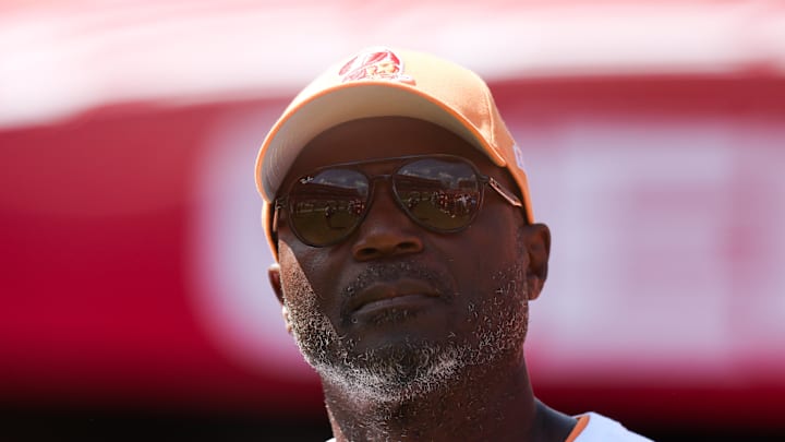 Sep 21, 2025; Tampa, Florida, USA; Tampa Bay Buccaneers head coach Todd Bowles looks on before a game against the New York Jets at Raymond James Stadium. Mandatory Credit: Nathan Ray Seebeck-Imagn Images