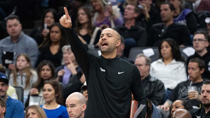 December 16, 2023; Sacramento, California, USA; Sacramento Kings associate head coach Jordi Fernandez during the first quarter against the Utah Jazz at Golden 1 Center. Mandatory Credit: Kyle Terada-Imagn Images