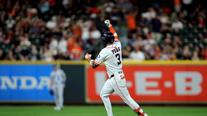 Sep 17, 2026; Houston, Texas, USA;  Houston Astros shortstop Jeremy Pena (3) reacts after hitting a home run against the Kansas City Royals during the first inning at Daikin Park.  Mandatory Credit: Erik Williams-Imagn Images