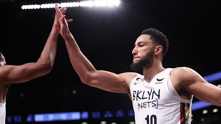 Feb 7, 2023; Brooklyn, New York, USA; Brooklyn Nets guard Ben Simmons (10) celebrates after a basket