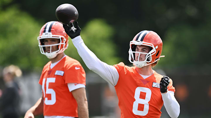 Jun 10, 2025; Berea, OH, USA; Cleveland Browns quarterback Kenny Pickett (8) throws a pass as quarterback Joe Flacco (15) looks on during minicamp at CrossCountry Mortgage Campus.
