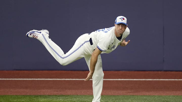 Nov 1, 2025; Toronto, Ontario, CAN; Toronto Blue Jays pitcher Max Scherzer (31) warms up before game seven of the 2025 MLB World Series against the Los Angeles Dodgers at Rogers Centre. Mandatory Credit: Kevin Sousa-Imagn Images