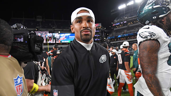 Aug 7, 2025; Philadelphia, Pennsylvania, USA; Philadelphia Eagles quarterback Jalen Hurts (1) on the field after game against the Cincinnati Bengals at Lincoln Financial Field. Mandatory Credit: Eric Hartline-Imagn Images Aug 7, 2025; Philadelphia, Pennsylvania, USA; Philadelphia Eagles quarterback Jalen Hurts (1) on the field after game against the Cincinnati Bengals at Lincoln Financial Field. Mandatory Credit: Eric Hartline-Imagn Images