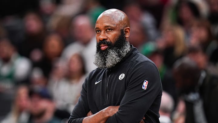 Feb 14, 2024; Boston, Massachusetts, USA; Brooklyn Nets head coach Jacque Vaughn watches from the sideline at they take on the Boston Celtics at TD Garden. Mandatory Credit: David Butler II-Imagn Images
