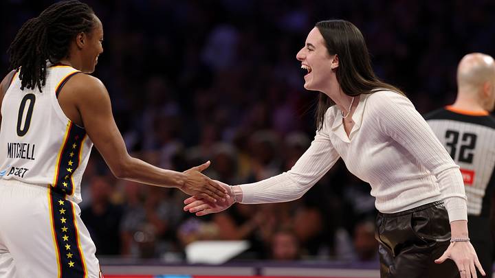 Aug 29, 2025; Los Angeles, California, USA; Indiana Fever guard Caitlin Clark (22) greets guard Kelsey Mitchell (0) during the second half against the Los Angeles Sparks at Crypto.com Arena. Mandatory Credit: Kiyoshi Mio-Imagn Images Aug 29, 2025; Los Angeles, California, USA; Indiana Fever guard Caitlin Clark (22) greets guard Kelsey Mitchell (0) during the second half against the Los Angeles Sparks at Crypto.com Arena. Mandatory Credit: Kiyoshi Mio-Imagn Images