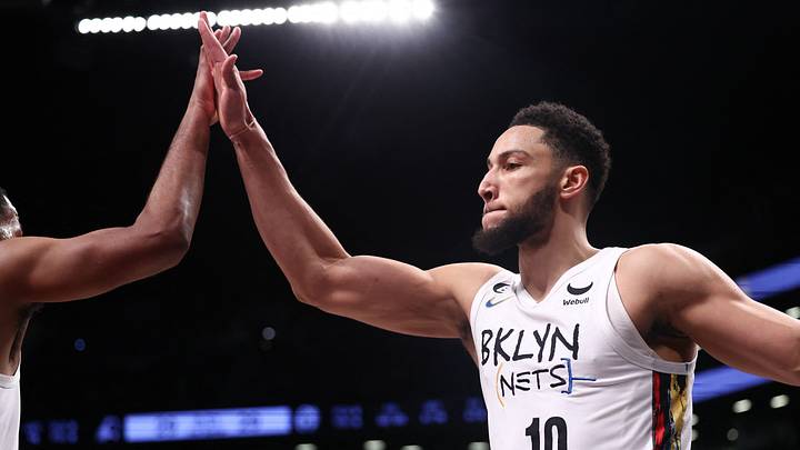 Feb 7, 2023; Brooklyn, New York, USA; Brooklyn Nets guard Ben Simmons (10) celebrates after a basket during the first half against the Phoenix Suns at Barclays Center. Mandatory Credit: Vincent Carchietta-USA TODAY Sports