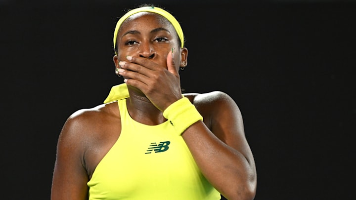 Coco Gauff of USA reacts during her round 2 match against Jodie Burrage of Great Britain during the 2025 Australian Open at Melbourne Park in Melbourne, Wednesday, January 15, 2025.