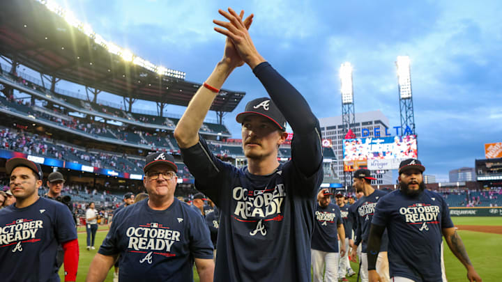 Atlanta Braves starting pitcher Max Fried (54) celebrates after clinching a wild card birth in the playoffs after a victory over the New York Mets at Truist Park on Sept 30.