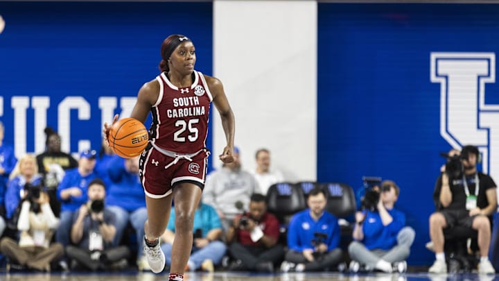 Mar 1, 2026; Lexington, Kentucky, USA; South Carolina Gamecocks guard Raven Johnson (25) moves down the court during the first quarter at Memorial Coliseum. Mandatory Credit: Arden Barnes-Imagn Images