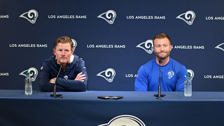 Apr 23, 2019; Thousand Oaks, CA, USA; Los Angeles Rams general manager Les Snead (left) and coach Sean McVay address the media at a press conference at Cal Lutheran University prior to the 2019 NFL Draft. Mandatory Credit: Kirby Lee-Imagn Images