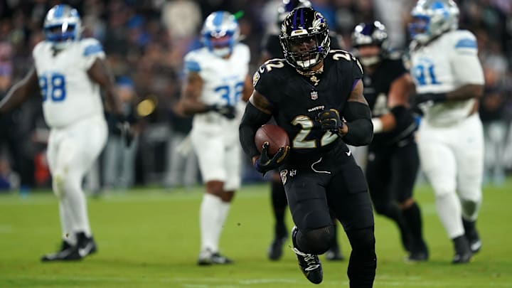 Baltimore Ravens running back Derrick Henry rushes the ball against the Detroit Lions.