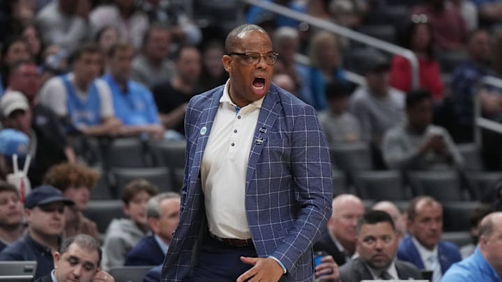 Mar 28, 2024; Los Angeles, CA, USA; North Carolina Tar Heels head coach Hubert Davis reacts in the first half against the Alabama Crimson Tide in the semifinals of the West Regional of the 2024 NCAA Tournament at Crypto.com Arena. Mandatory Credit: Kirby Lee-USA TODAY Sports