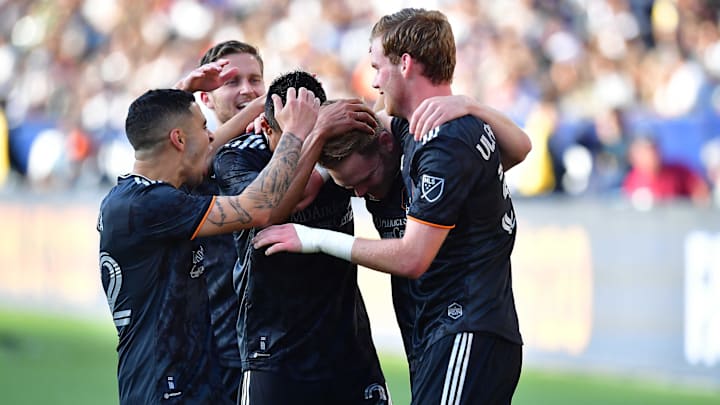 May 22, 2022; Carson, California, USA; Houston Dynamo celebrate the goal scored by forward Tyler Pasher