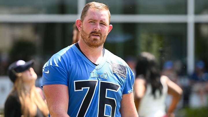 Jul 24, 2025; Nashville, TN, USA; Tennessee Titans offensive lineman Andrew Rupcich (76) walks off the field during training camp at Ascension Saint Thomas Sports Park. Mandatory Credit: Steve Roberts-Imagn Images Jul 24, 2025; Nashville, TN, USA; Tennessee Titans offensive lineman Andrew Rupcich (76) walks off the field during training camp at Ascension Saint Thomas Sports Park. Mandatory Credit: Steve Roberts-Imagn Images