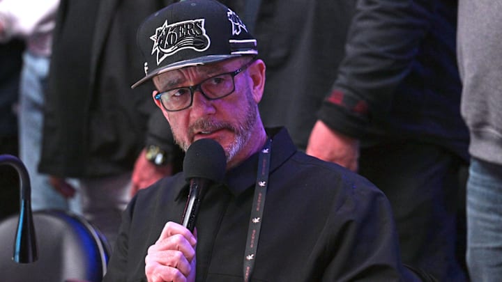 Mar 15, 2026; Philadelphia, Pennsylvania, USA; Philadelphia 76ers public address announcer Matt Cord during player introductions before game against the Portland Trail Blazers at Xfinity Mobile Arena. He announced that he is retiring at that end of this season. Mandatory Credit: Eric Hartline-Imagn Images