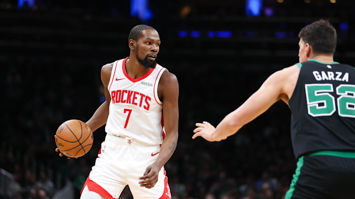 Nov 1, 2025; Boston, Massachusetts, USA; Houston Rockets forward Kevin Durant (7) reacts during the second half against the Boston Celtics at TD Garden. Mandatory Credit: Paul Rutherford-Imagn Images