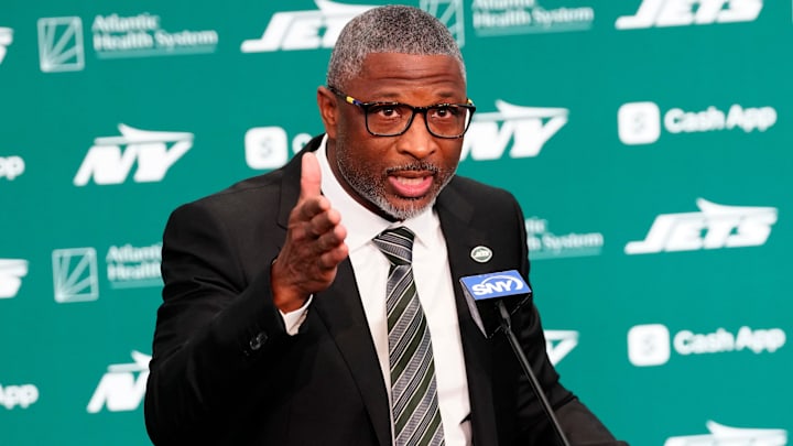 New York Jets Head Coach Aaron Glenn, is shown as he speaks during a press conference, at the Atlantic Health Jets Training Center, Monday, January 27, 2025, in Florham Park.