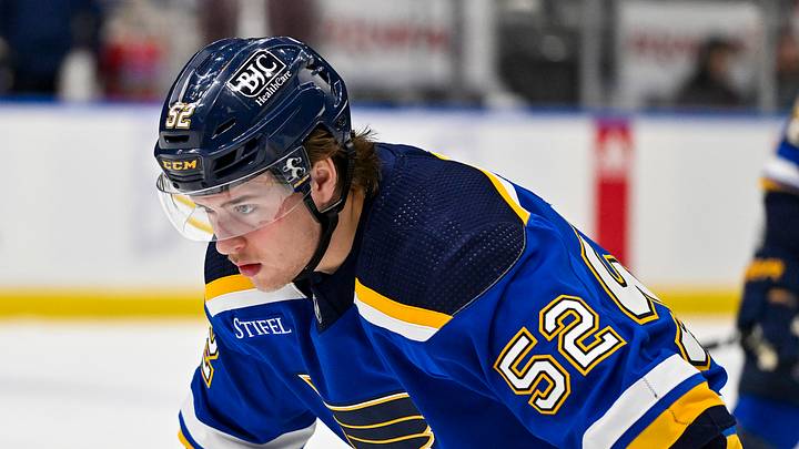 Mar 28, 2024; St. Louis, Missouri, USA;  St. Louis Blues center Zach Dean (52) waits for a face off against the Calgary Flames during the second period at Enterprise Center. Mandatory Credit: Jeff Curry-USA TODAY Sports