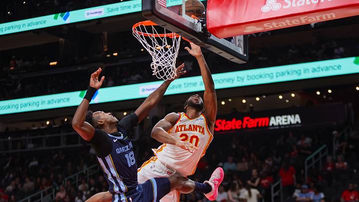 Oct 5, 2026; Atlanta, Georgia, USA; Atlanta Hawks forward Zuby Ejiofor (20) shoots past Memphis Grizzlies forward Olivier-Maxence Prosper (18) in the third quarter at State Farm Arena. Mandatory Credit: Brett Davis-Imagn Images Oct 5, 2026; Atlanta, Georgia, USA; Atlanta Hawks forward Zuby Ejiofor (20) shoots past Memphis Grizzlies forward Olivier-Maxence Prosper (18) in the third quarter at State Farm Arena. Mandatory Credit: Brett Davis-Imagn Images