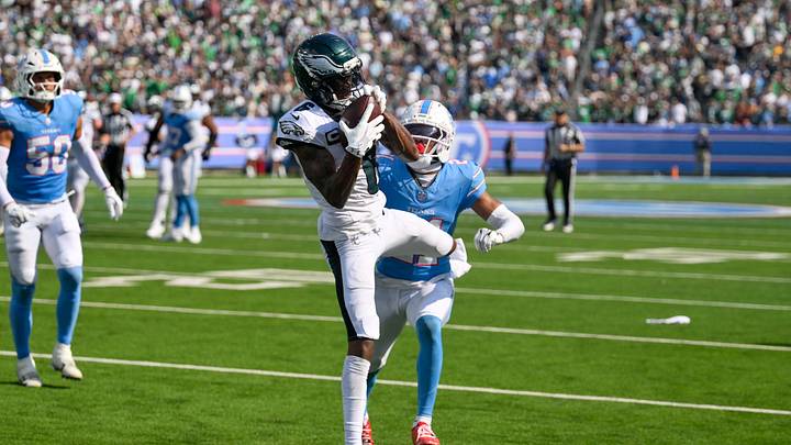 Sep 20, 2026; Nashville, Tennessee, USA; Philadelphia Eagles wide receiver DeVonta Smith (6) makes a catch over Tennessee Titans cornerback Micah Robinson (21) during the second half at Nissan Stadium. Mandatory Credit: Steve Roberts-Imagn Images Sep 20, 2026; Nashville, Tennessee, USA; Philadelphia Eagles wide receiver DeVonta Smith (6) makes a catch over Tennessee Titans cornerback Micah Robinson (21) during the second half at Nissan Stadium. Mandatory Credit: Steve Roberts-Imagn Images