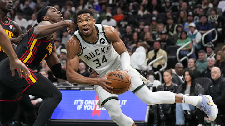 Mar 30, 2025; Milwaukee, Wisconsin, USA; Milwaukee Bucks forward Giannis Antetokounmpo (34) drives for the basket during the first quarter against the Atlanta Hawks at Fiserv Forum. Mandatory Credit: Jeff Hanisch-Imagn Images Mar 30, 2025; Milwaukee, Wisconsin, USA; Milwaukee Bucks forward Giannis Antetokounmpo (34) drives for the basket during the first quarter against the Atlanta Hawks at Fiserv Forum. Mandatory Credit: Jeff Hanisch-Imagn Images