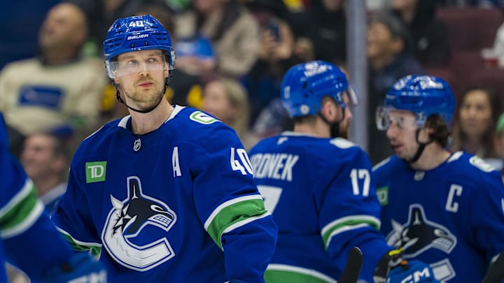 Mar 15, 2025; Vancouver, British Columbia, CAN; Vancouver Canucks forward Elias Pettersson (40) during a stop in play against the Chicago Blackhawks in the third period at Rogers Arena. Mandatory Credit: Bob Frid-Imagn Images