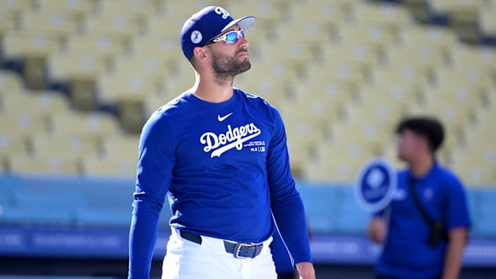 Los Angeles Dodgers center fielder Kevin Kiermaier (93) warms up prior to the game against the Baltimore Orioles at Dodger Stadium on Aug 28. Los Angeles Dodgers center fielder Kevin Kiermaier (93) warms up prior to the game against the Baltimore Orioles at Dodger Stadium on Aug 28.