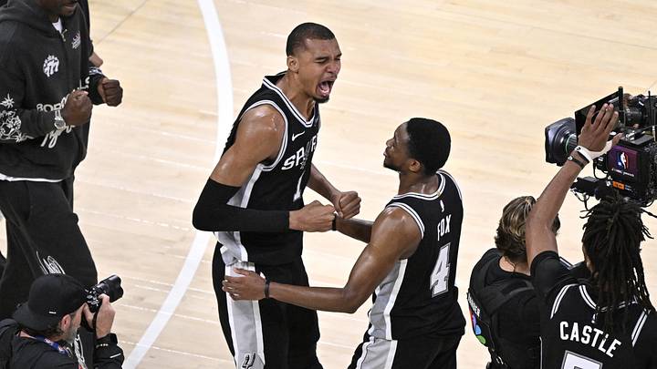 May 30, 2026; Oklahoma City, Oklahoma, USA; San Antonio Spurs forward Victor Wembanyama (1) celebrates with guard De'aaron Fox (4) after defeating the Oklahoma City Thunder in game seven of the western conference finals for the 2026 NBA playoffs at Paycom Center. Mandatory Credit: Jerome Miron-Imagn Images May 30, 2026; Oklahoma City, Oklahoma, USA; San Antonio Spurs forward Victor Wembanyama (1) celebrates with guard De'aaron Fox (4) after defeating the Oklahoma City Thunder in game seven of the western conference finals for the 2026 NBA playoffs at Paycom Center. Mandatory Credit: Jerome Miron-Imagn Images