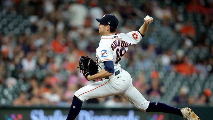 Jul 1, 2026; Houston, Texas, USA; Houston Astros pitcher AJ Blubaugh (69) delivers a pitch against the Minnesota Twins during the third inning at Daikin Park. Mandatory Credit: Erik Williams-Imagn Images