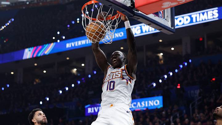 Apr 22, 2026; Oklahoma City, Oklahoma, USA; Phoenix Suns center Khaman Maluach (10) dunks against the Oklahoma City Thunder in the first half during game two of the first round of the 2026 NBA Playoffs at Paycom Center. Apr 22, 2026; Oklahoma City, Oklahoma, USA; Phoenix Suns center Khaman Maluach (10) dunks against the Oklahoma City Thunder in the first half during game two of the first round of the 2026 NBA Playoffs at Paycom Center.