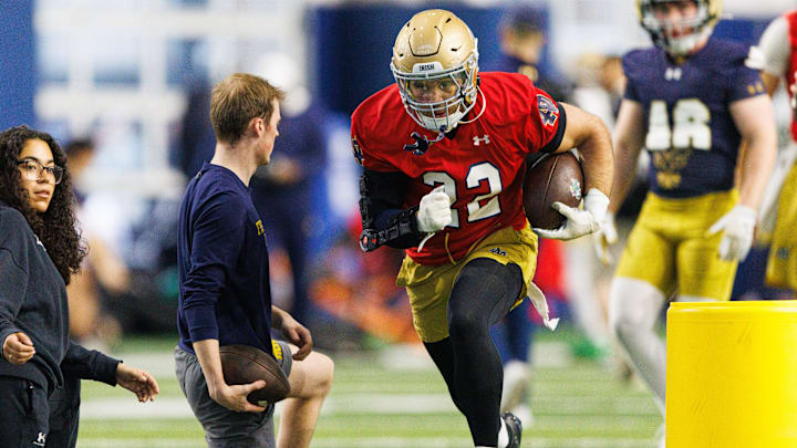 Running back Aneyas Williams (22) during a Notre Dame football practice at Irish Athletic Center on Friday, March 20, 2026, in South Bend.