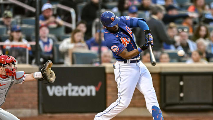 May 30, 2023; New York City, New York, USA; New York Mets right fielder Starling Marte (6) hits a