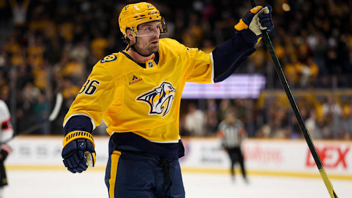 Jan 22, 2026; Nashville, Tennessee, USA;  Nashville Predators left wing Cole Smith (36) celebrates his goal against the Ottawa Senators during the third period at Bridgestone Arena. Mandatory Credit: Steve Roberts-Imagn Images