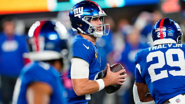 New York Giants quarterback Daniel Jones (8) looks for an open receiver, Sunday, October 13, 2024, in East Rutherford. New York Giants quarterback Daniel Jones (8) looks for an open receiver, Sunday, October 13, 2024, in East Rutherford.