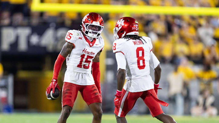 Houston Cougars defensive back Will James (15) celebrates a fumble recovery with Kentrell Webb (8) against the Arizona State Sun Devils in the first half at Mountain America Stadium. Houston Cougars defensive back Will James (15) celebrates a fumble recovery with Kentrell Webb (8) against the Arizona State Sun Devils in the first half at Mountain America Stadium.