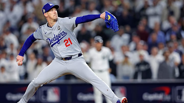 Oct 30, 2024; New York, New York, USA; Los Angeles Dodgers pitcher Walker Buehler (21) pitches during the ninth inning against the New York Yankees in game four of the 2024 MLB World Series at Yankee Stadium. Mandatory Credit: Brad Penner-Imagn Images
