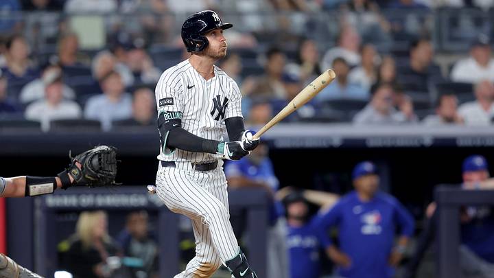 New York Yankees center fielder Cody Bellinger (35) watches his two run home run against the Toronto Blue Jays during the seventh inning at Yankee Stadium. New York Yankees center fielder Cody Bellinger (35) watches his two run home run against the Toronto Blue Jays during the seventh inning at Yankee Stadium.