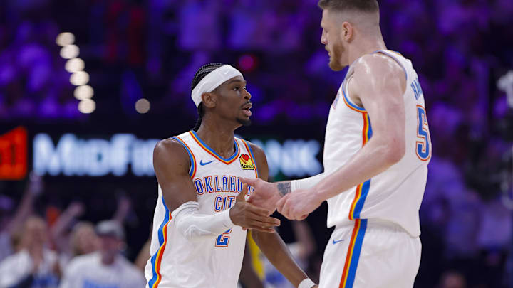 Jun 5, 2025; Oklahoma City, Oklahoma, USA; Oklahoma City Thunder guard Shai Gilgeous-Alexander (2) and center Isaiah Hartenstein (55) celebrates making a basket against the Indiana Pacers during the first quarter during game one of the 2025 NBA Finals at Paycom Center. Mandatory Credit: Alonzo Adams-Imagn Images Jun 5, 2025; Oklahoma City, Oklahoma, USA; Oklahoma City Thunder guard Shai Gilgeous-Alexander (2) and center Isaiah Hartenstein (55) celebrates making a basket against the Indiana Pacers during the first quarter during game one of the 2025 NBA Finals at Paycom Center. Mandatory Credit: Alonzo Adams-Imagn Images