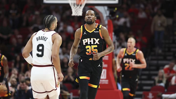 Mar 12, 2025; Houston, Texas, USA; Phoenix Suns forward Kevin Durant (35) looks up after a play during the first quarter against the Houston Rockets at Toyota Center. Mandatory Credit: Troy Taormina-Imagn Images