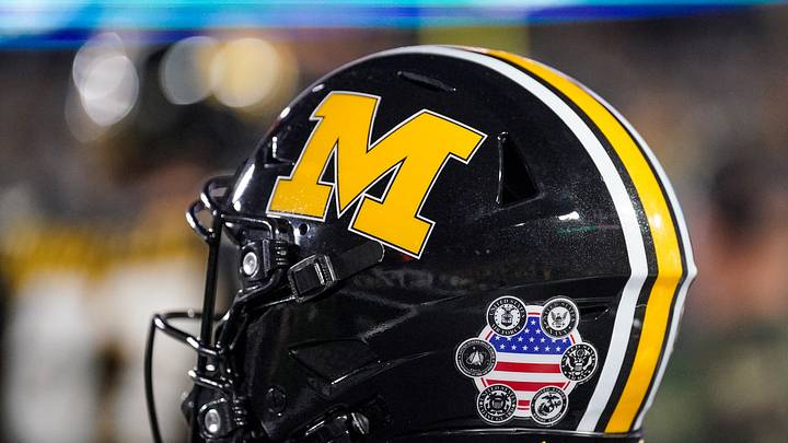 Nov 15, 2025; Columbia, Missouri, USA; A general view of a Missouri Tigers helmet against the Mississippi State Bulldogs during the first half of the game at Faurot Field at Memorial Stadium. Mandatory Credit: Denny Medley-Imagn Images